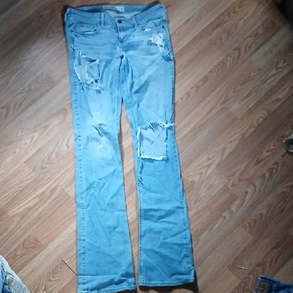 Hollister Blue Flare Wide Leg Jeans with Distressed Details